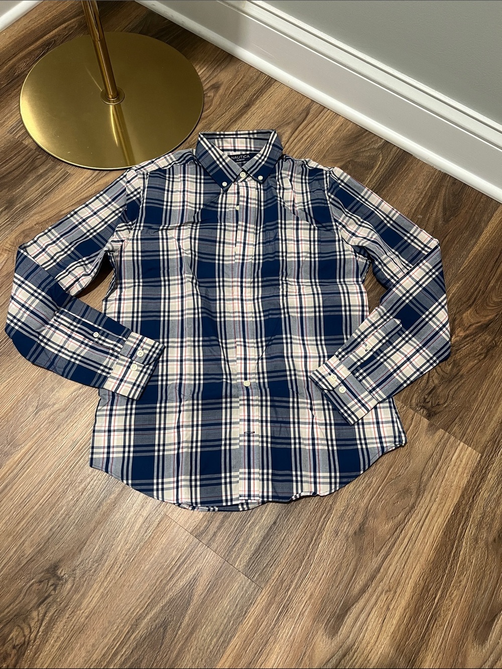 Nautica Blue and White Plaid Button-Down Shirt